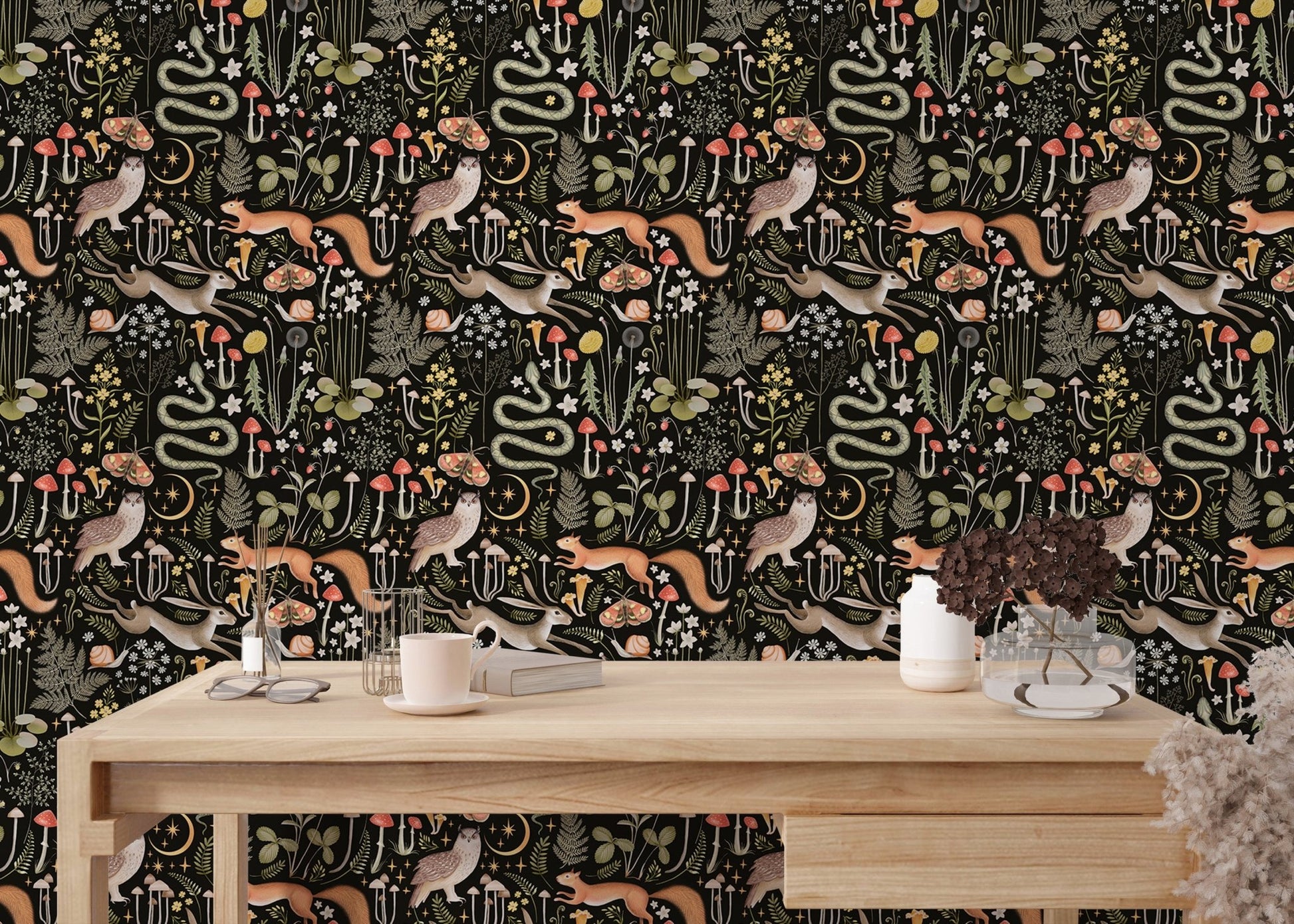 Enchanting fairy forest wallpaper with black background in study area.
