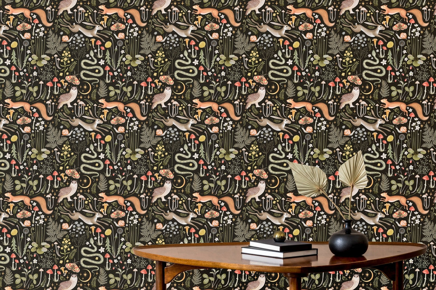 Fairy-themed wallpaper with a striking black background in hallway.