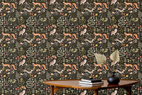 Fairy-themed wallpaper with a striking black background in hallway.
