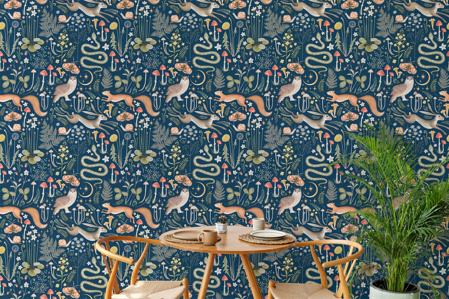 Elegant fairy forest wallpaper for enchanting dining room interiors.