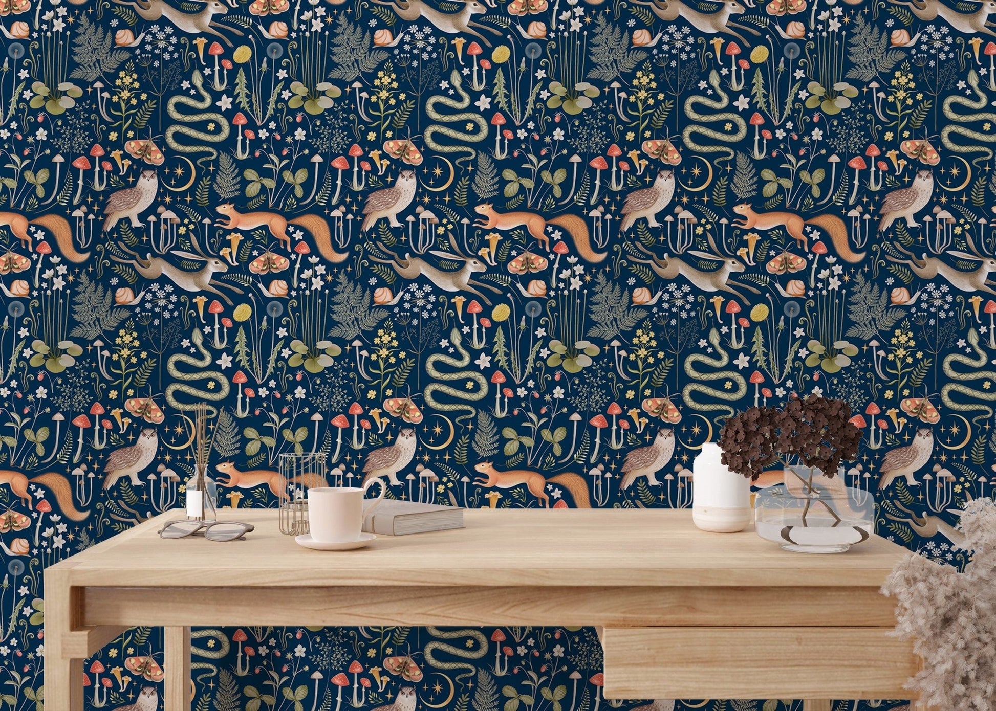 Seamless forest pattern wallpaper with foxes and ferns in a home.