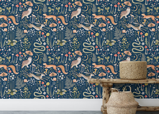 Fairy forest wallpaper with fox and owl on dark blue background in rustic room.