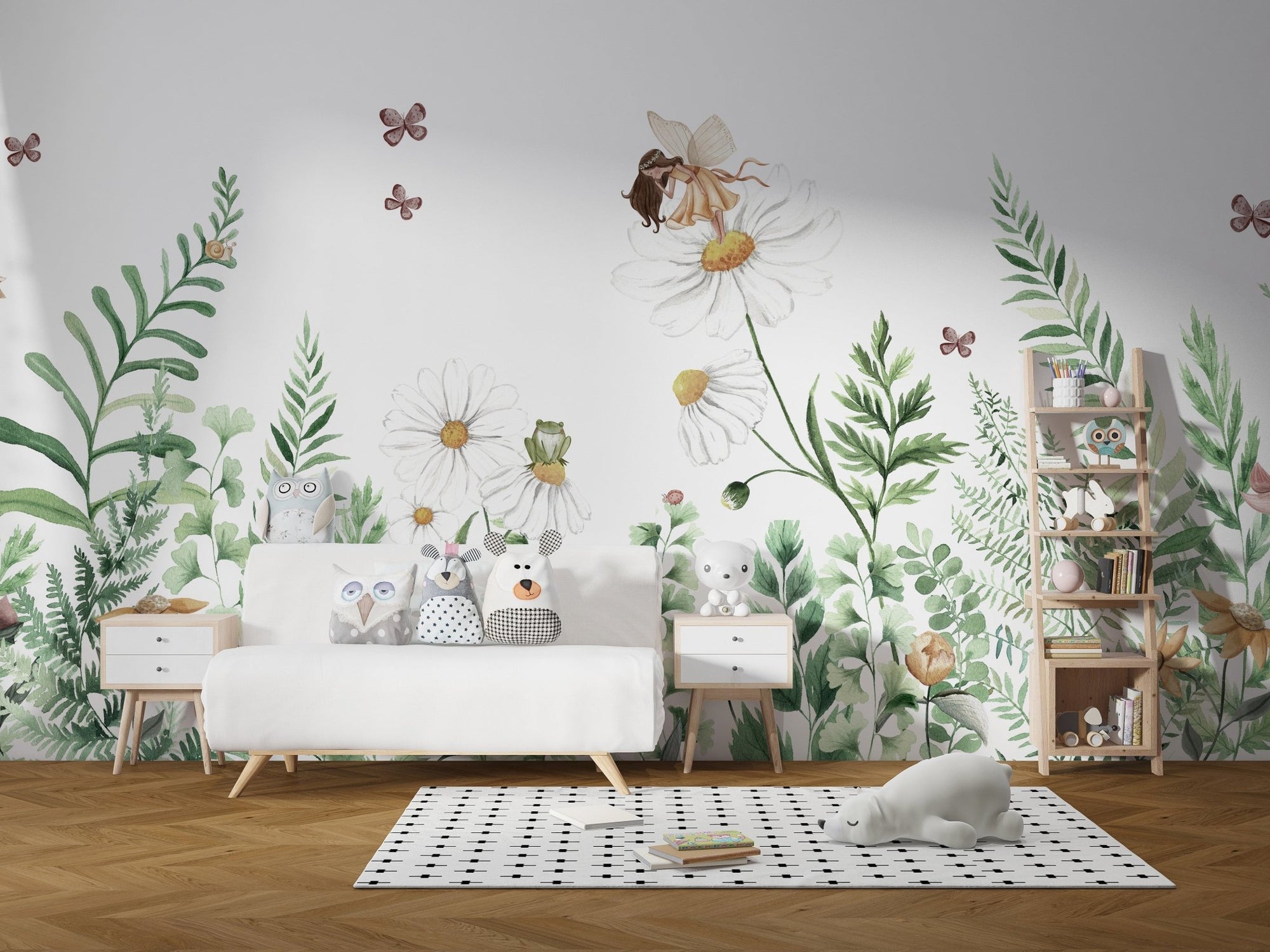 Fairy garden fantasy wall mural with watercolor wildflowers and greenery.