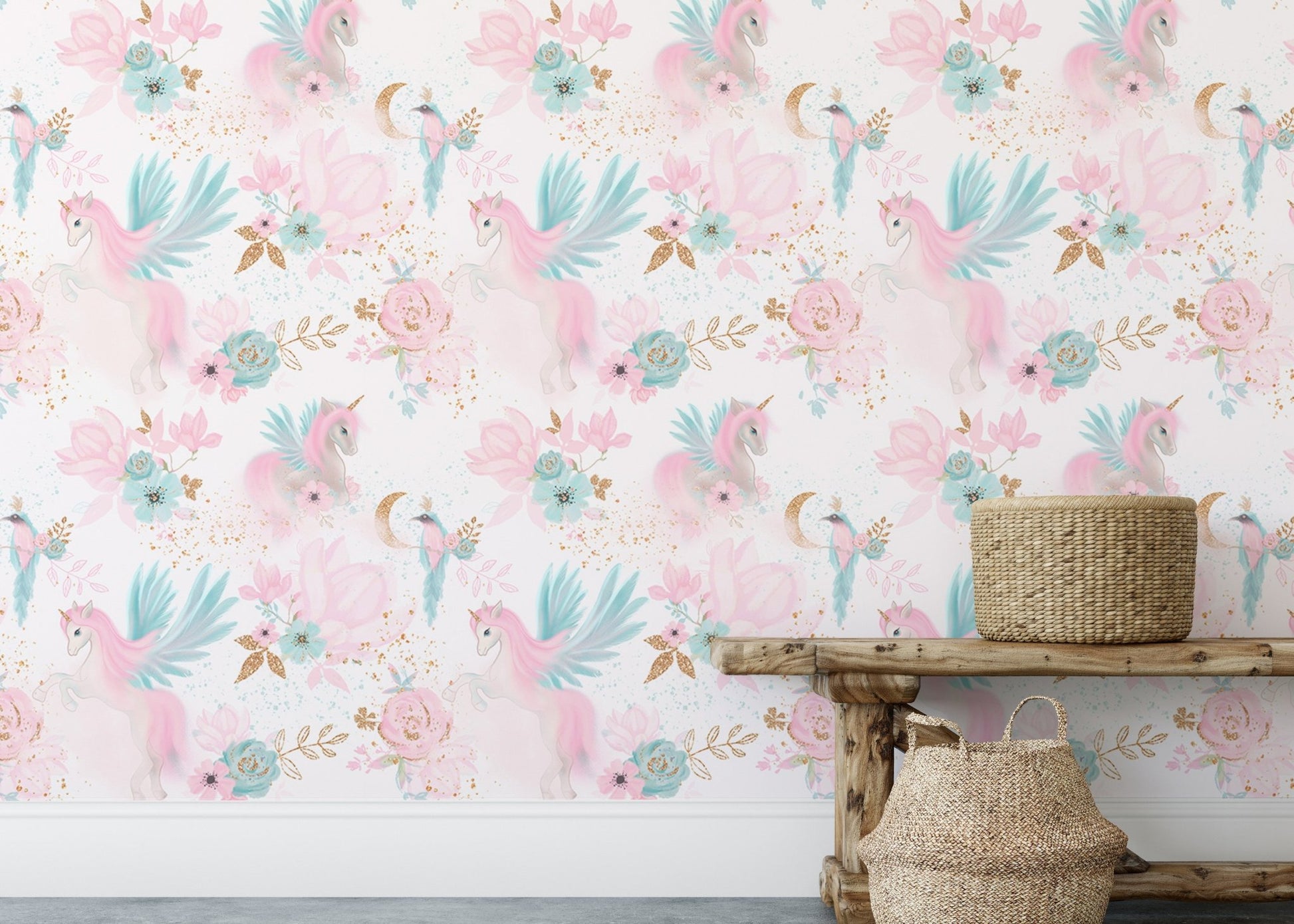Floral unicorn wallpaper decorating a room with natural wicker baskets.