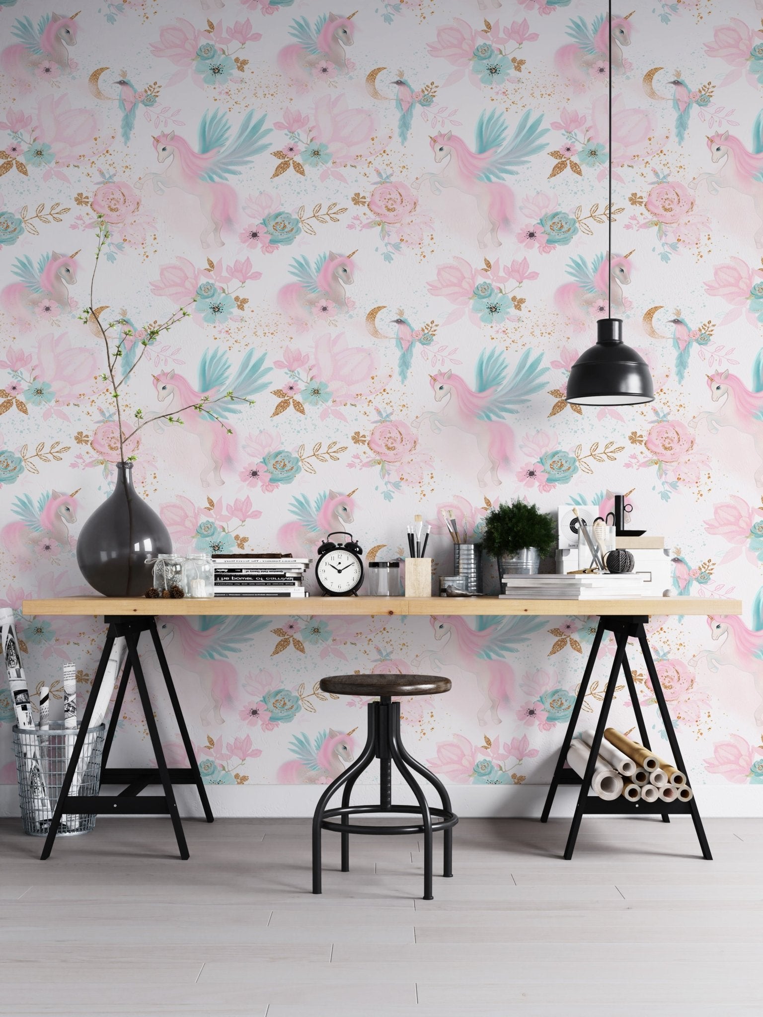 Magical garden wallpaper in a workspace with black industrial furniture.