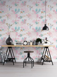 Magical garden wallpaper in a workspace with black industrial furniture.