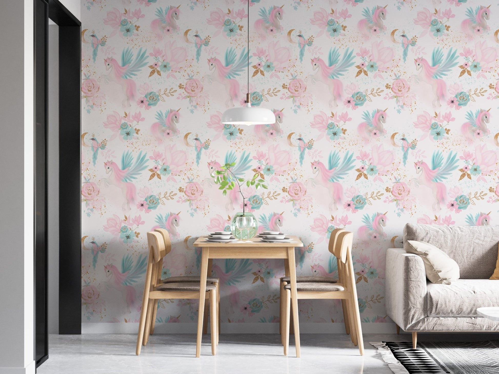Pastel unicorn wallpaper in a dining area with wooden chairs and table.