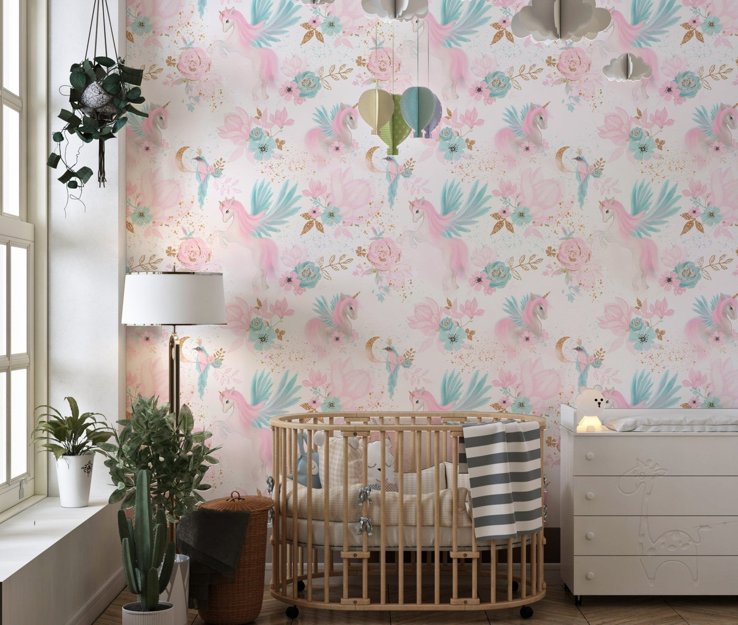 Magical garden wallpaper behind a wooden crib in a neutral nursery.