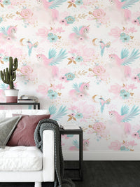 Pink and blue wallpaper design in a room with white sofa and side table.