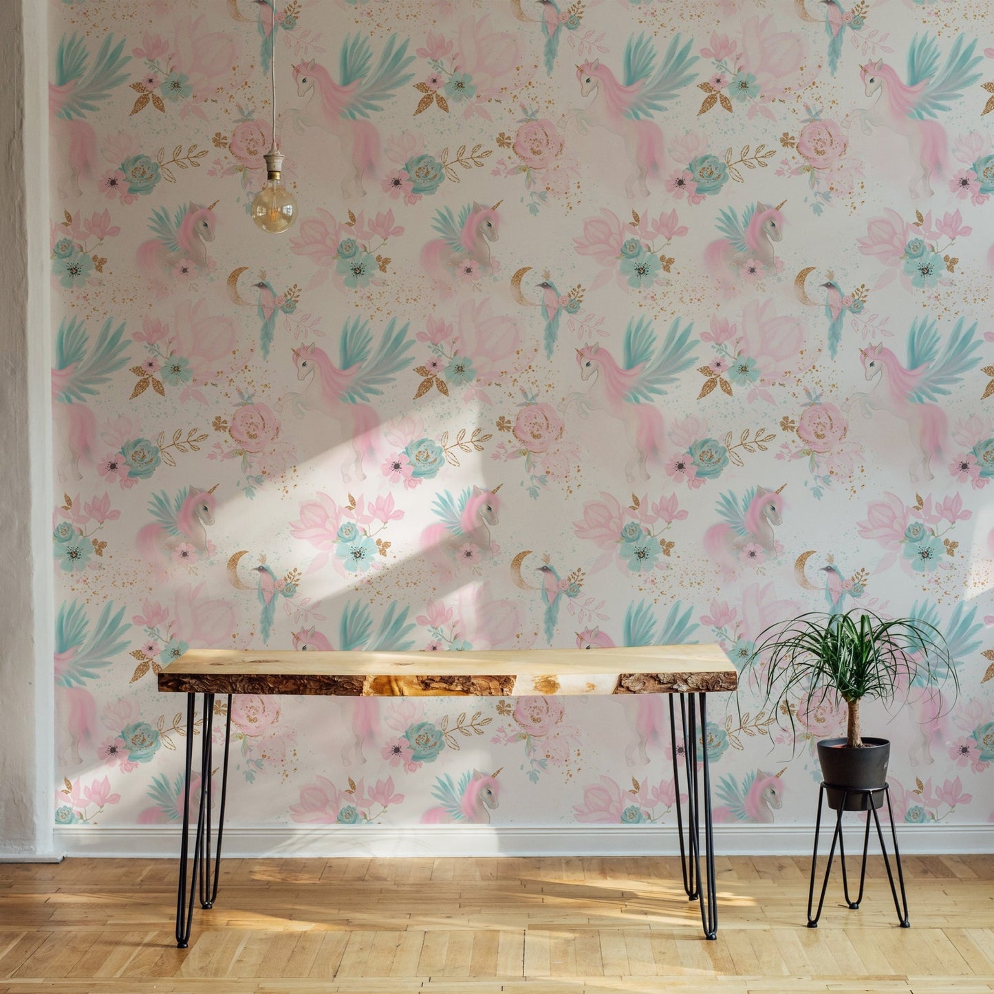 Pink themed unicorn wallpaper in a sunlit room with light wood flooring.