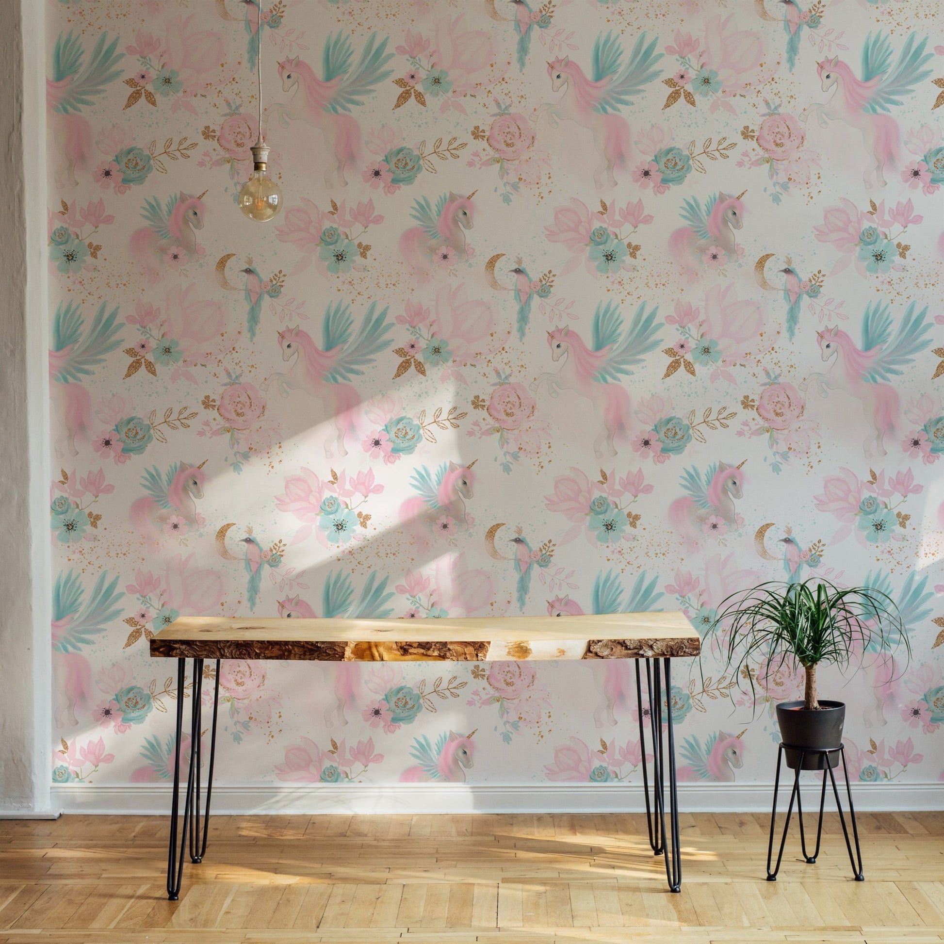 Pink themed unicorn wallpaper in a sunlit room with light wood flooring.