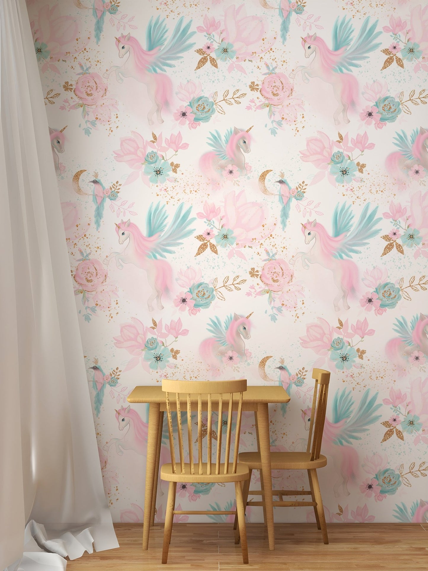 Unicorn wallpaper behind a small wooden table and chair set for children room.