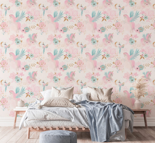Pink and blue unicorn wallpaper in a modern bedroom with white bedding.