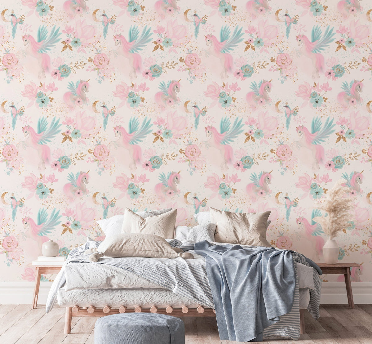 Pink and blue unicorn wallpaper in a modern bedroom with white bedding.