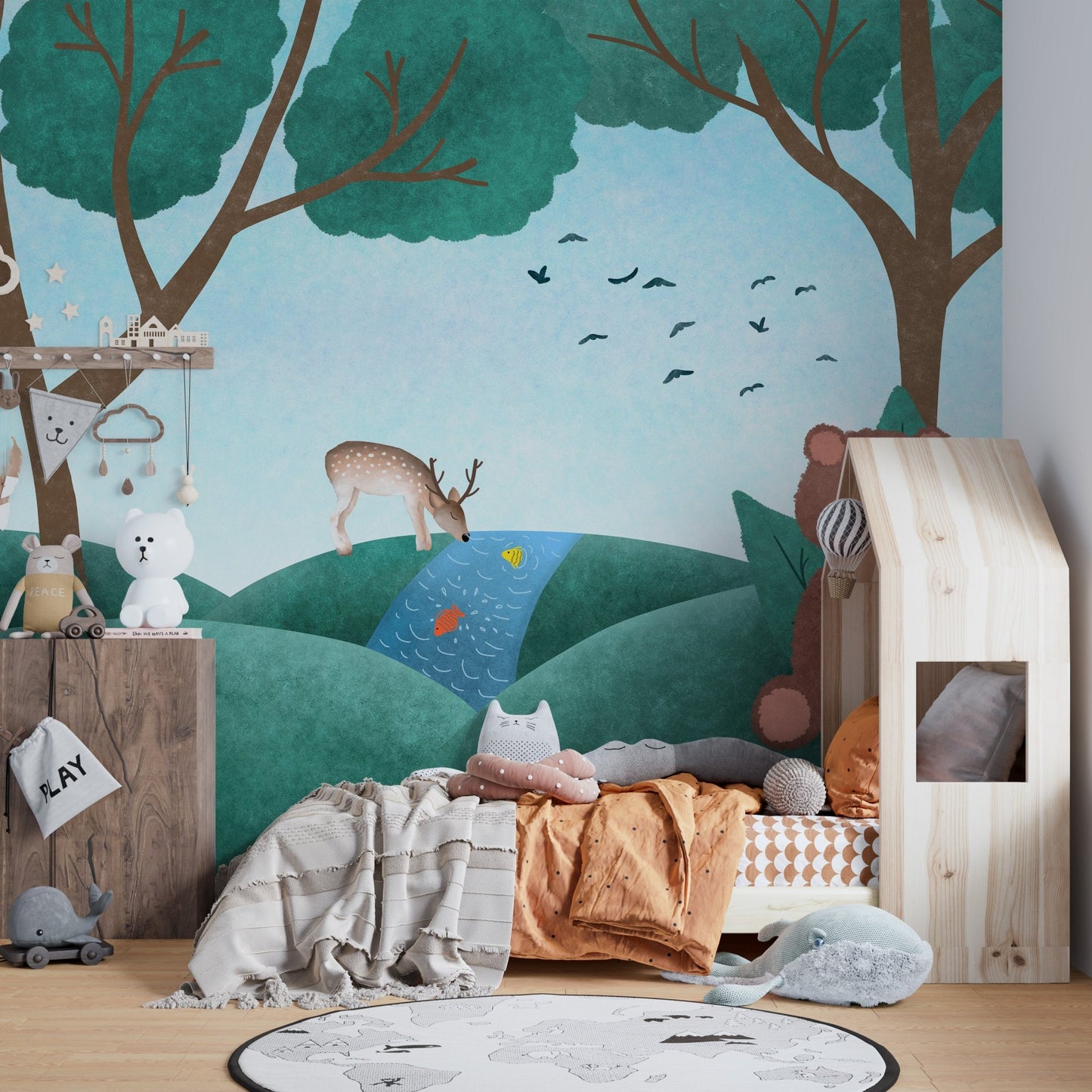 Enchanted forest fauna wall mural for kids' magical bedroom spaces.
