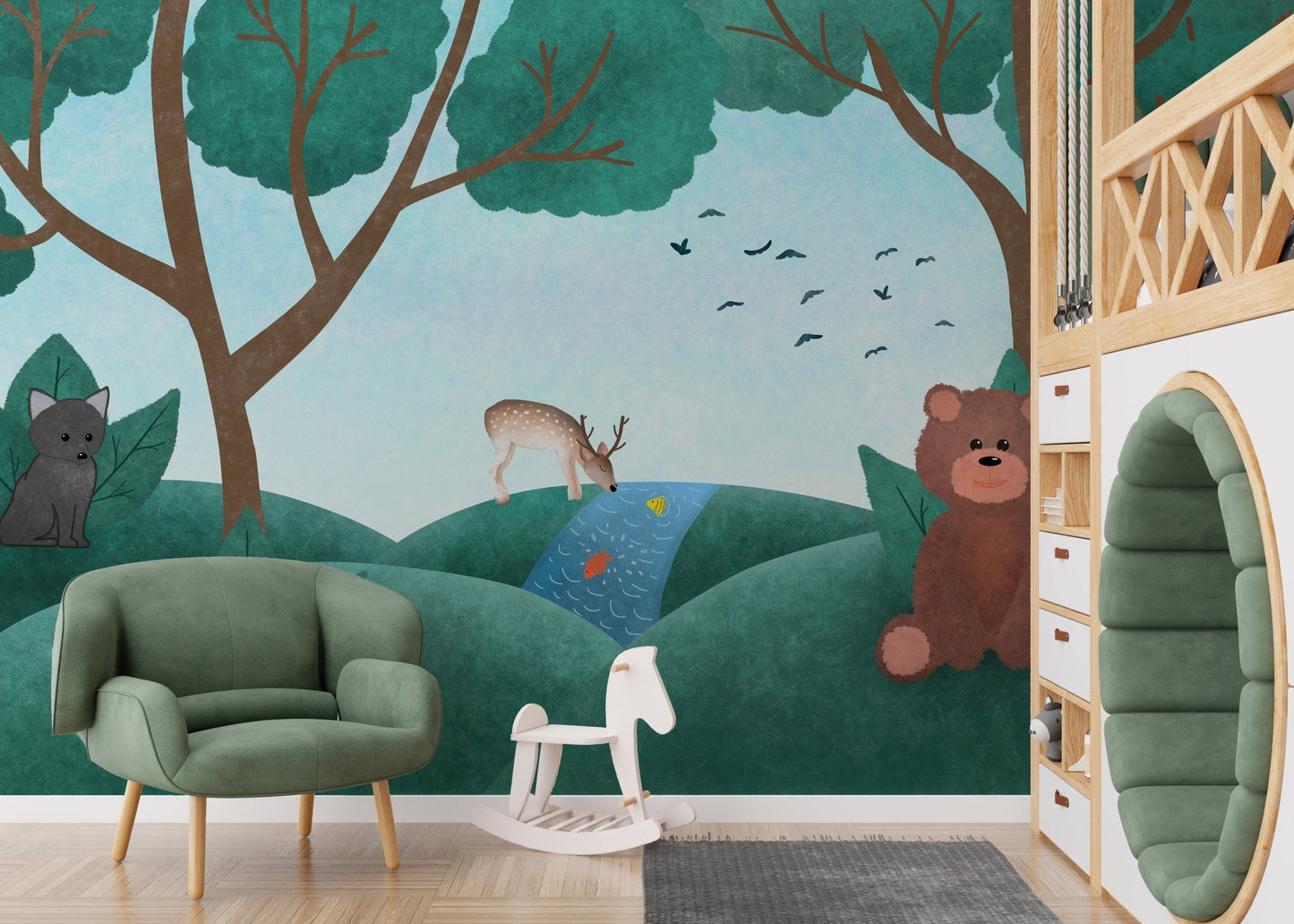Fairyland fauna wall mural featuring magical forest creatures in nursery.
