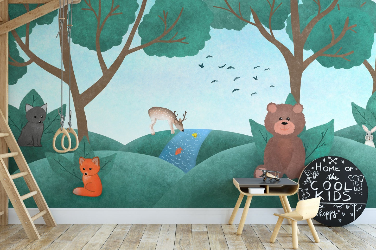 Fairyland-inspired wall mural with charming fauna for kids creative space. 
