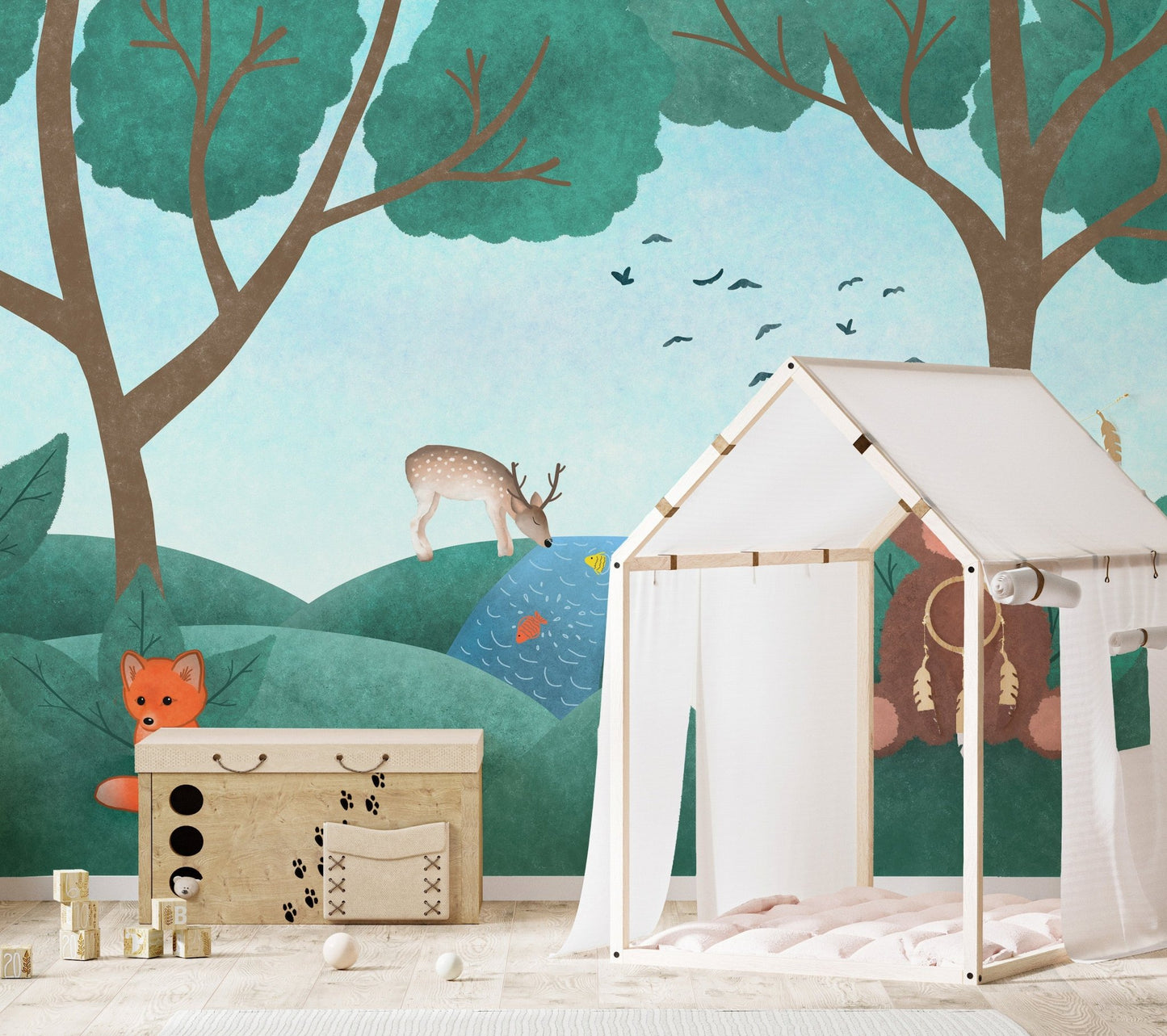 Nursery wall mural with adorable fairyland animals and nature.
