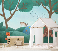 Nursery wall mural with adorable fairyland animals and nature.
