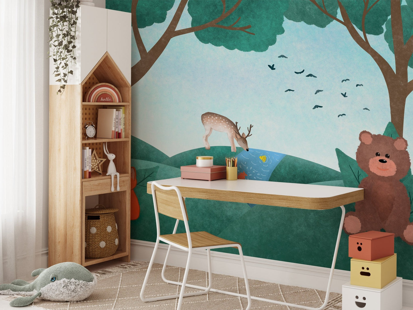 Playful fairyland wall mural with cute animal illustrations in study area.

