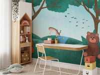 Playful fairyland wall mural with cute animal illustrations in study area.
