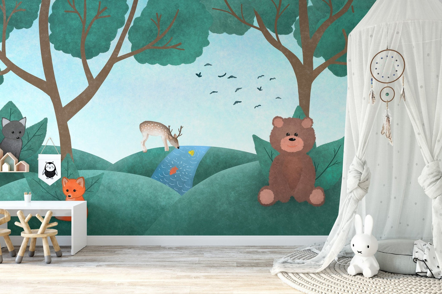 Whimsical animal-themed wall mural for  nursery fairyland decor.
