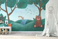Whimsical animal-themed wall mural for  nursery fairyland decor.
