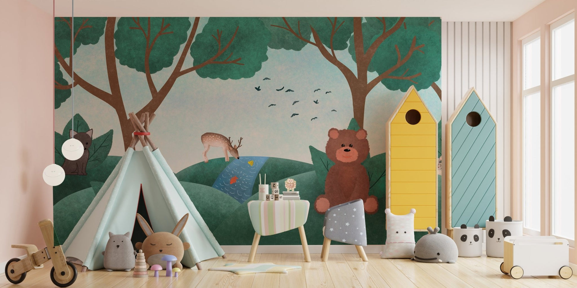 Fairyland fauna wall mural with adorable animals for kids playroom.
