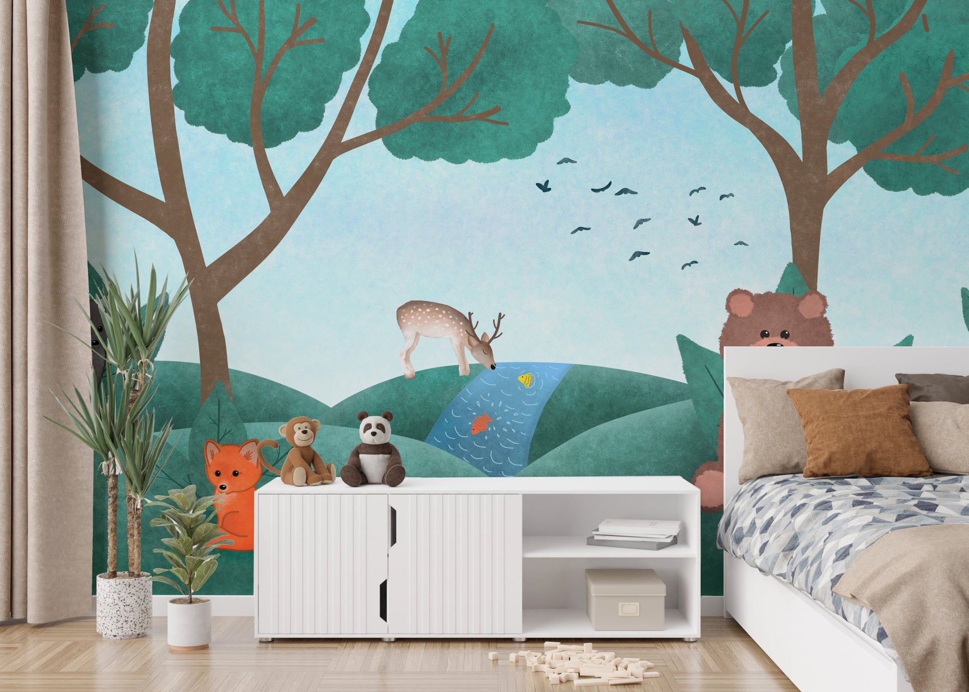 Enchanting fairyland fauna design for kids bedroom walls.
