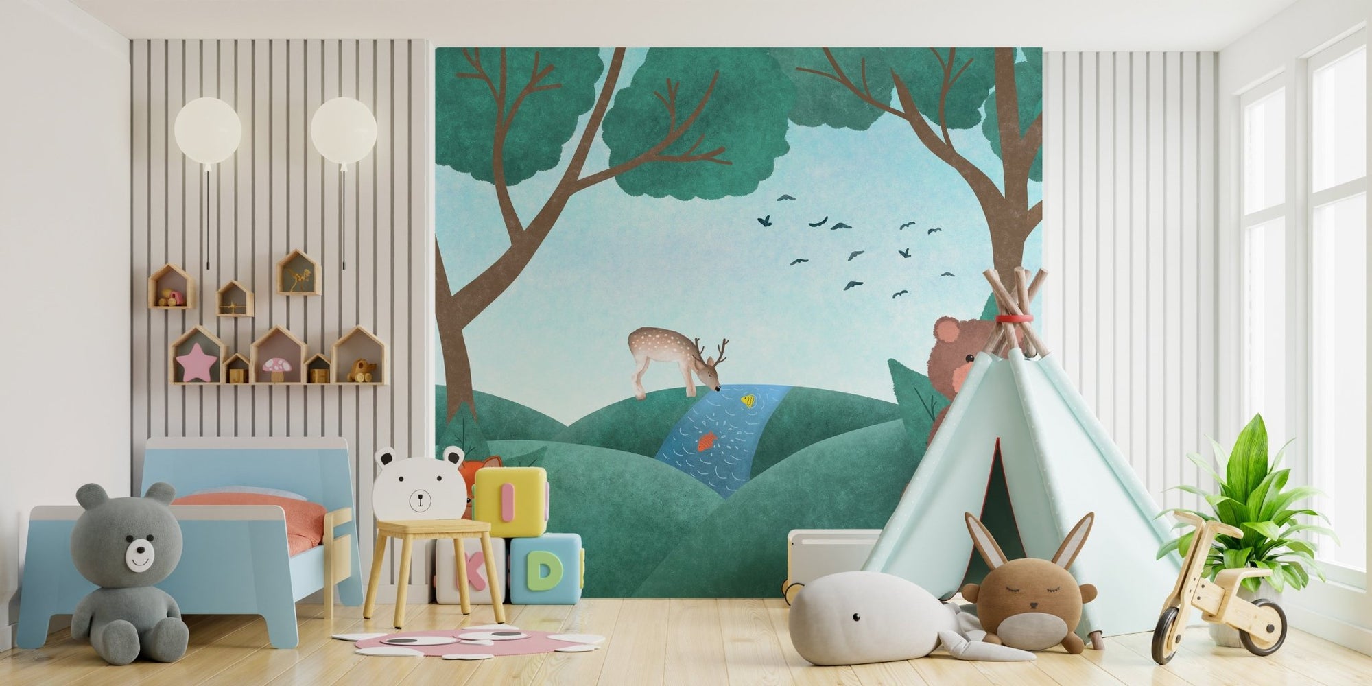 Whimsical fairyland fauna wall mural for magical kids bedroom room.
