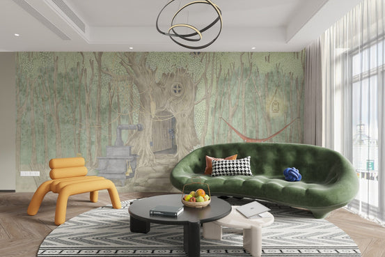 Fairyland pond wall mural with a muted pastel color palette.