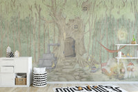 Whimsical pond illustration with vintage iron stove graphics wallpaper.