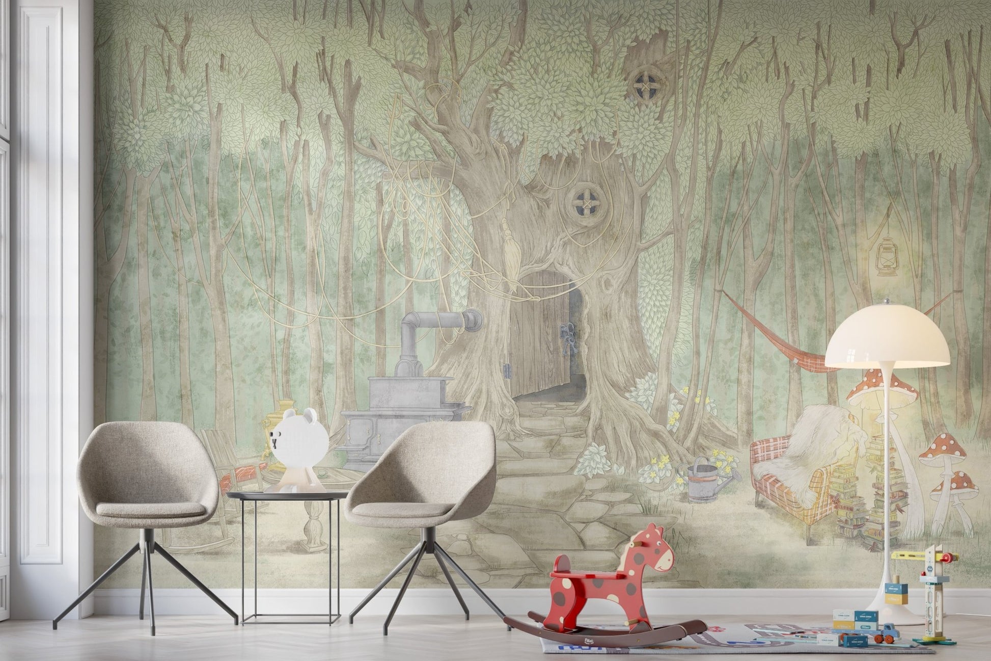 Mythical fairyland vista featuring glowing lanterns for a wall mural.