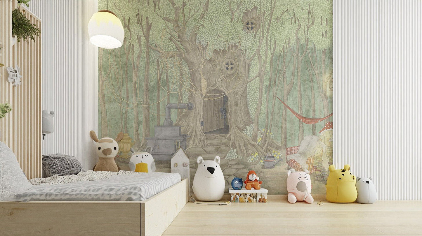 Fairyland pond wall mural showcasing a secret timber dwelling wallpaper.