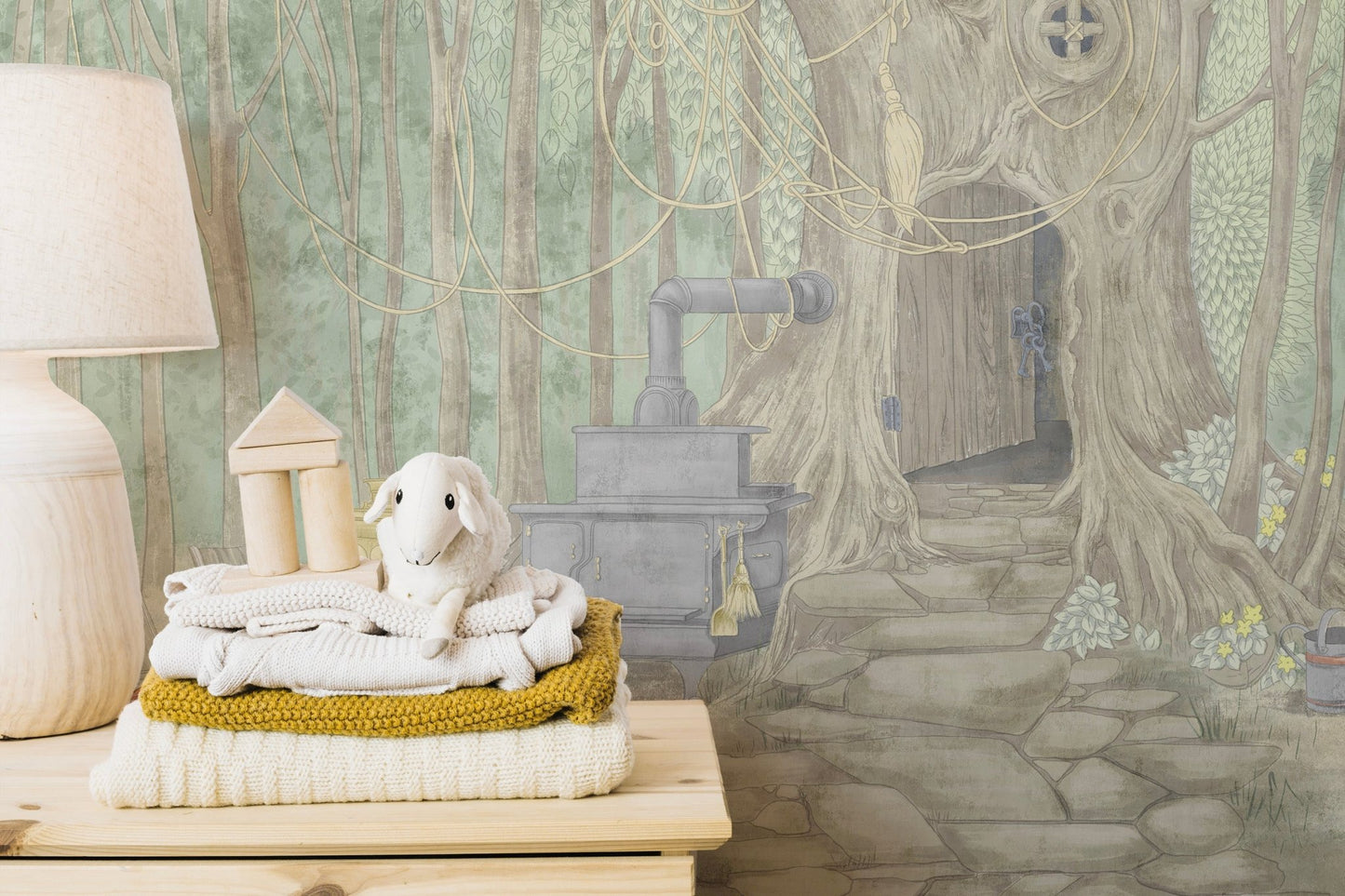 Lush botanical fairyland landscape featuring an arched stone walkway wall mural.