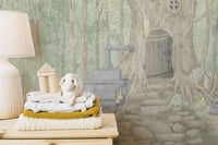 Lush botanical fairyland landscape featuring an arched stone walkway wall mural.