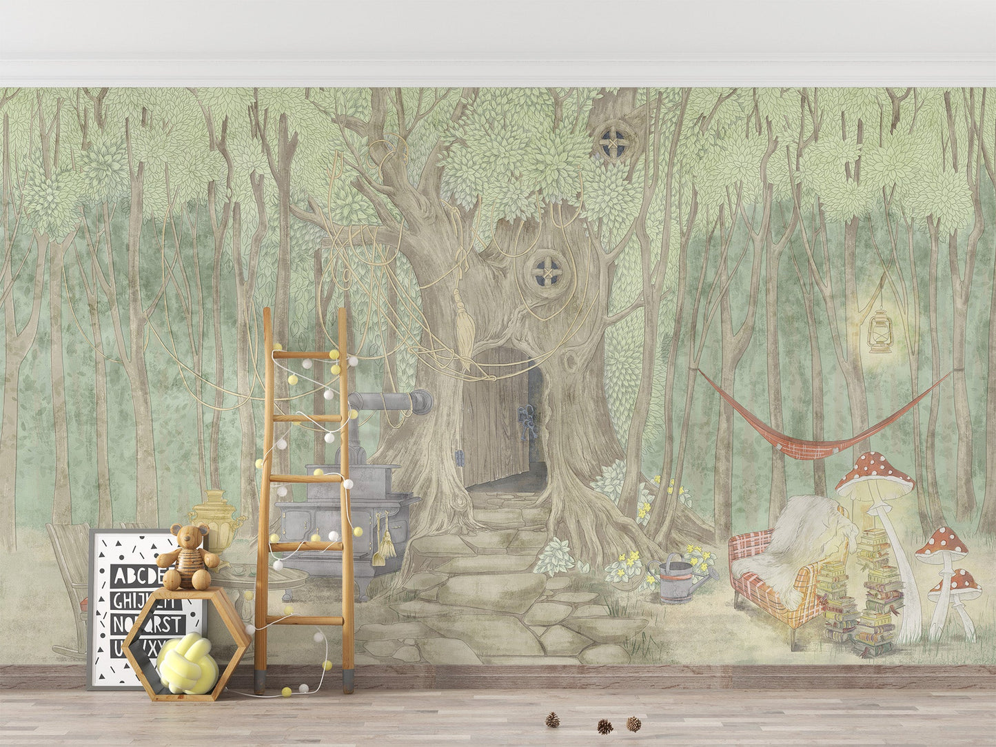Fairyland pond wall mural depicting a rustic wooden rocking chair wallpaper.