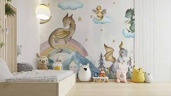 Fairytale dragon soiree wall mural with watercolor fantasy creatures.