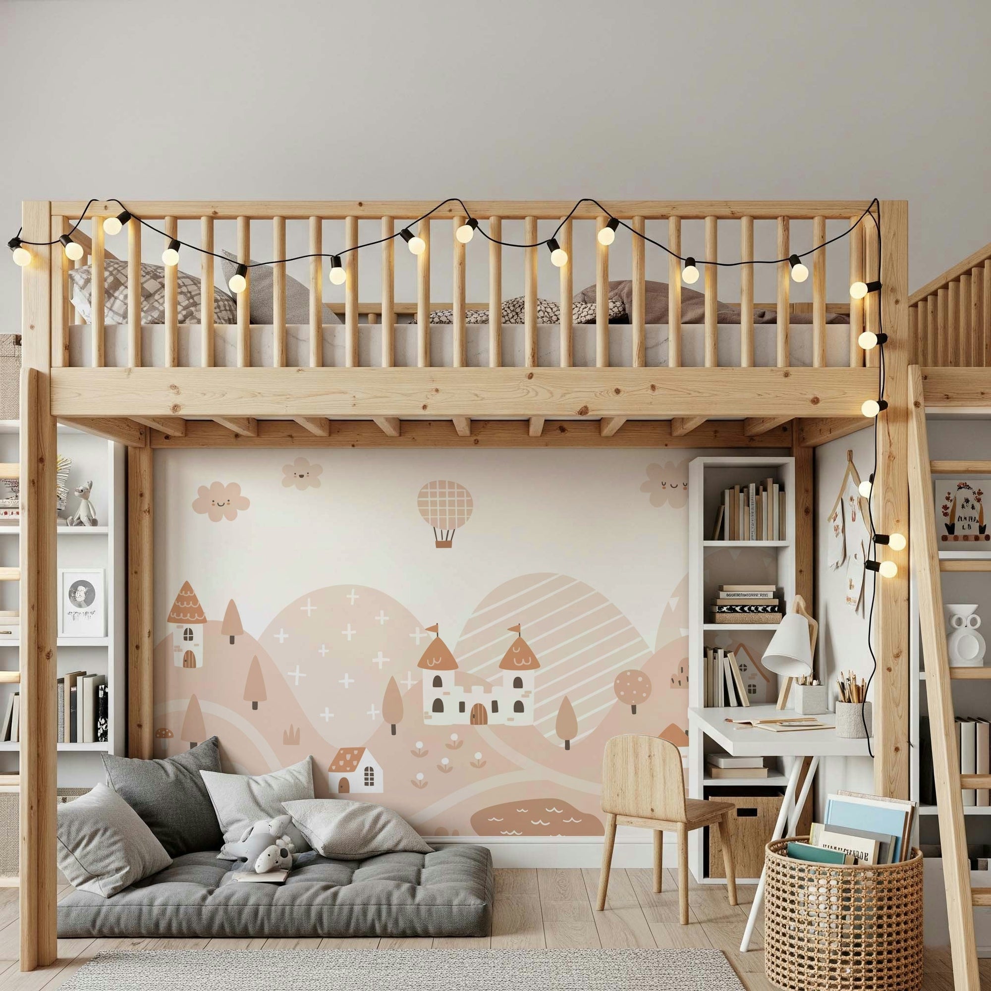 Fairytale Dreams Pastel Village Wall Mural with soft pink houses.