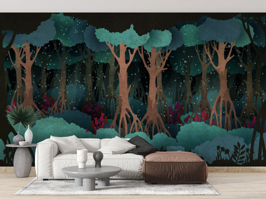 Green forest wall mural behind a modern white sofa and brown ottoman.