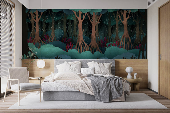 Fairytale Forest removable murals in a bedroom with a grey bed and wooden headboard.