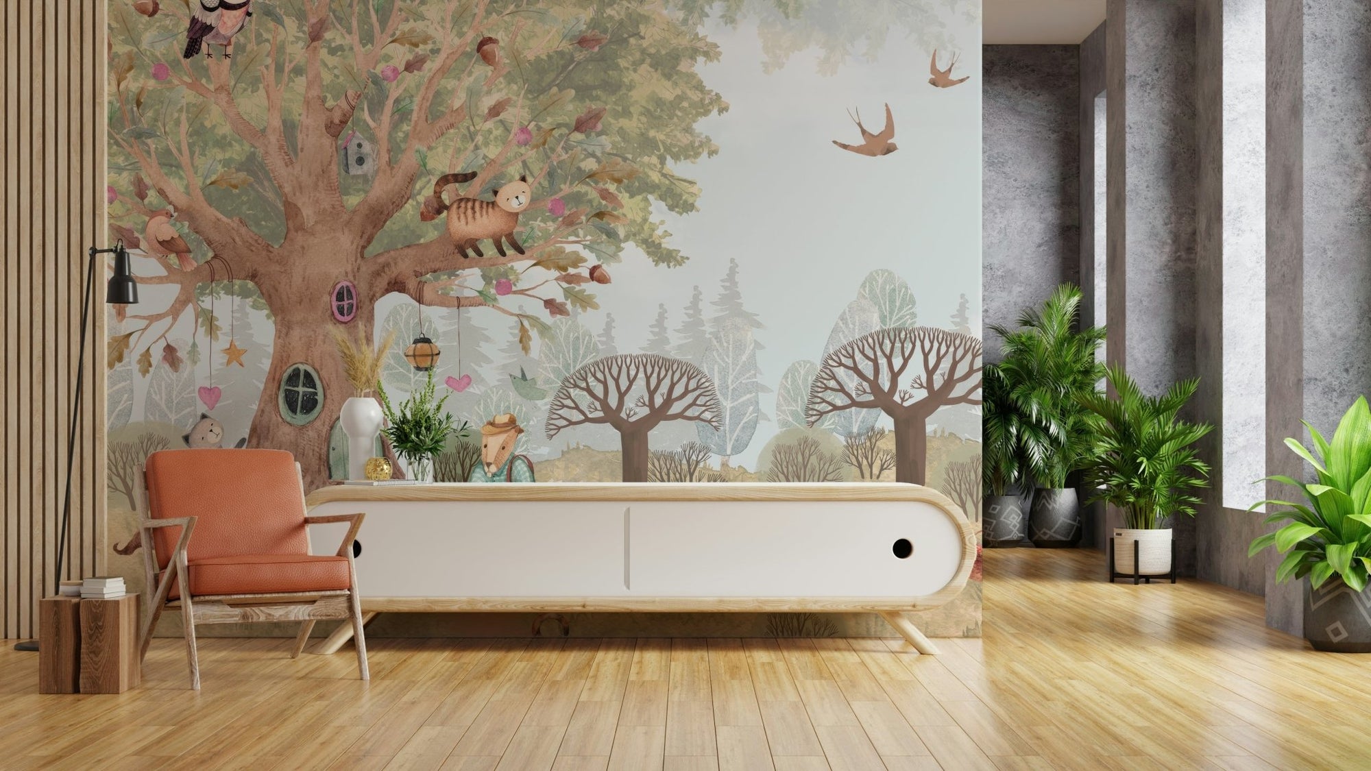 Whimsical Fairytale Forest Wall Mural with soft green trees.