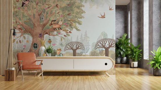 Whimsical Fairytale Forest Wall Mural with soft green trees.