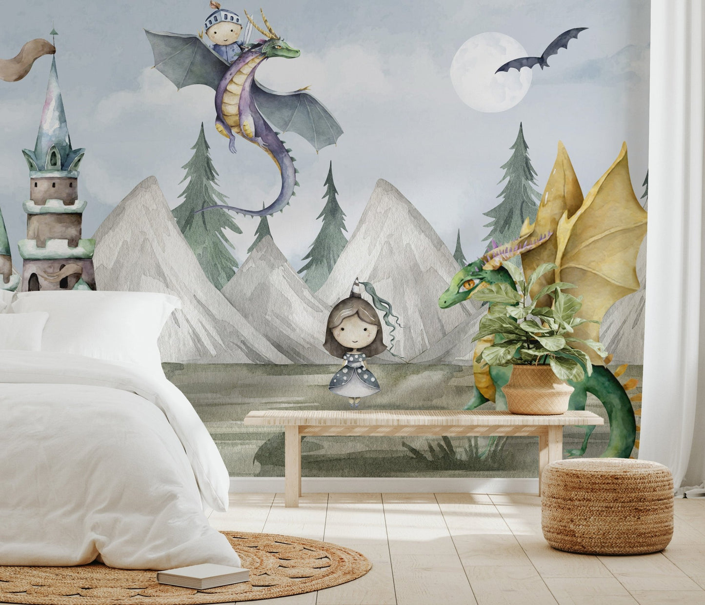 Fairytale kingdom mural featuring dragons, castle in bedroom.