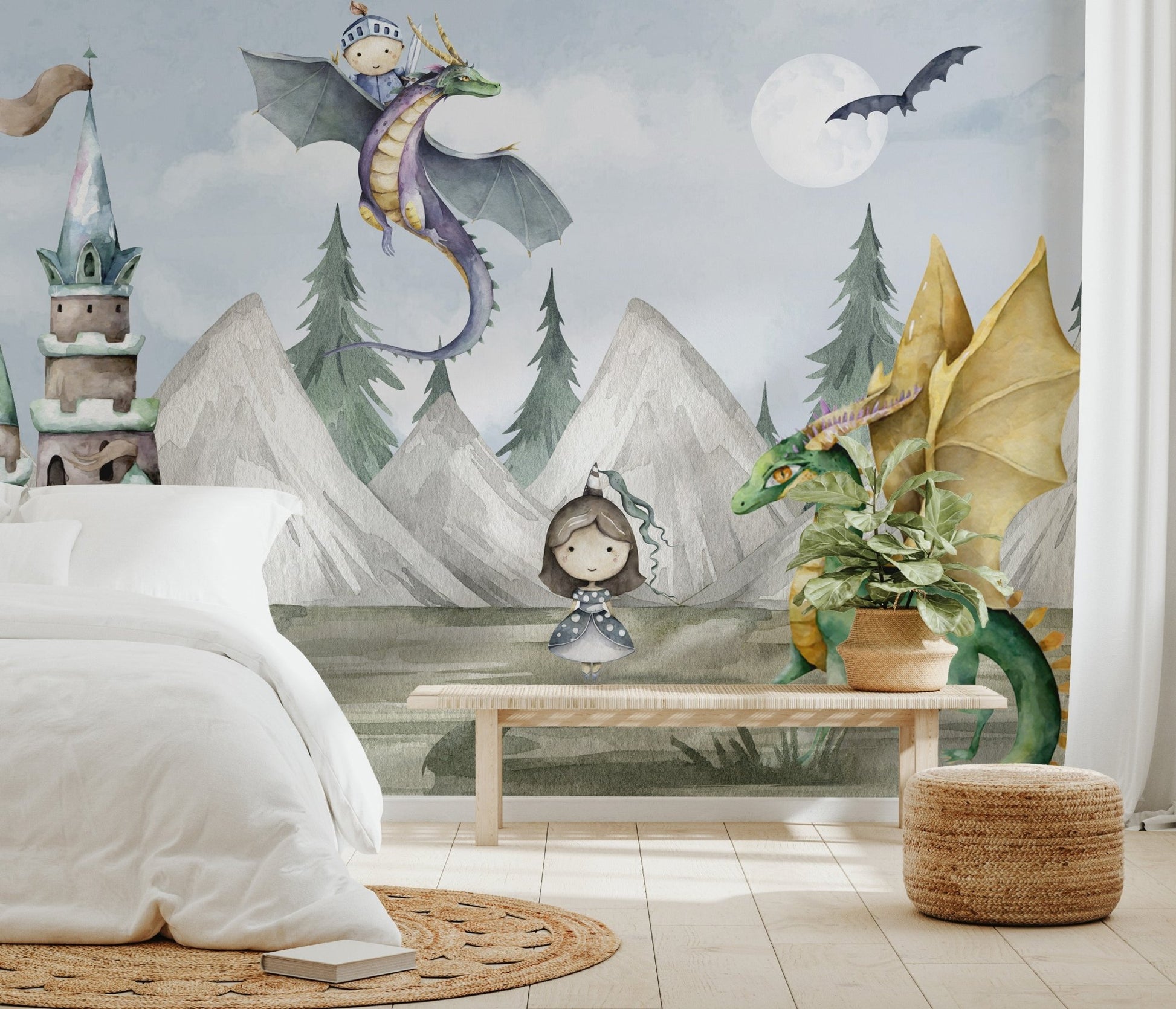 Fairytale kingdom mural featuring dragons, castle in bedroom.