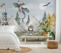 Fairytale kingdom mural featuring dragons, castle in bedroom.