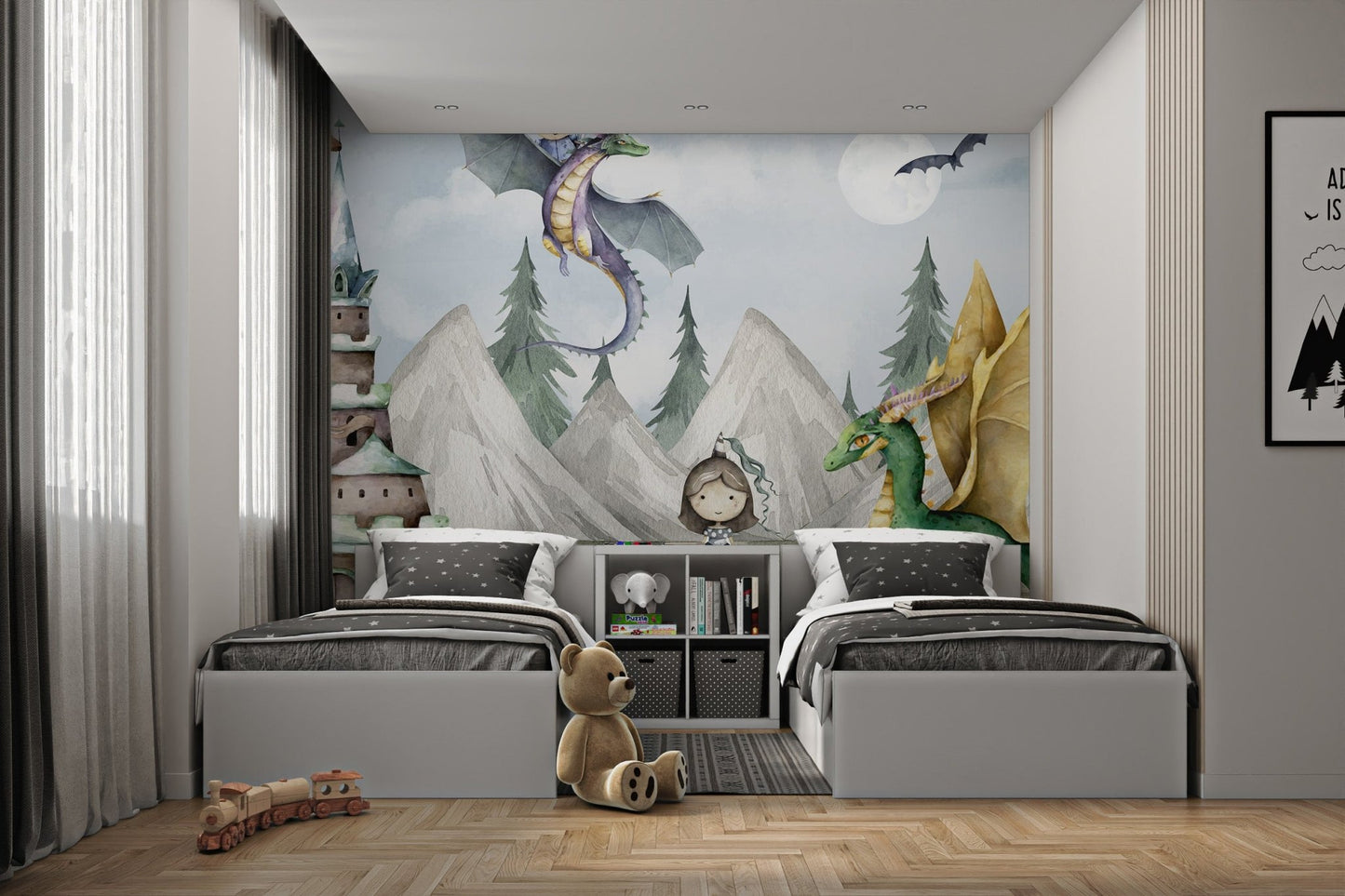 Castle and knight mural featuring dragon and moonlit sky for bedroom.