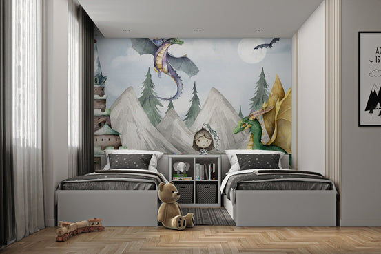 Castle and knight mural featuring dragon and moonlit sky for bedroom.