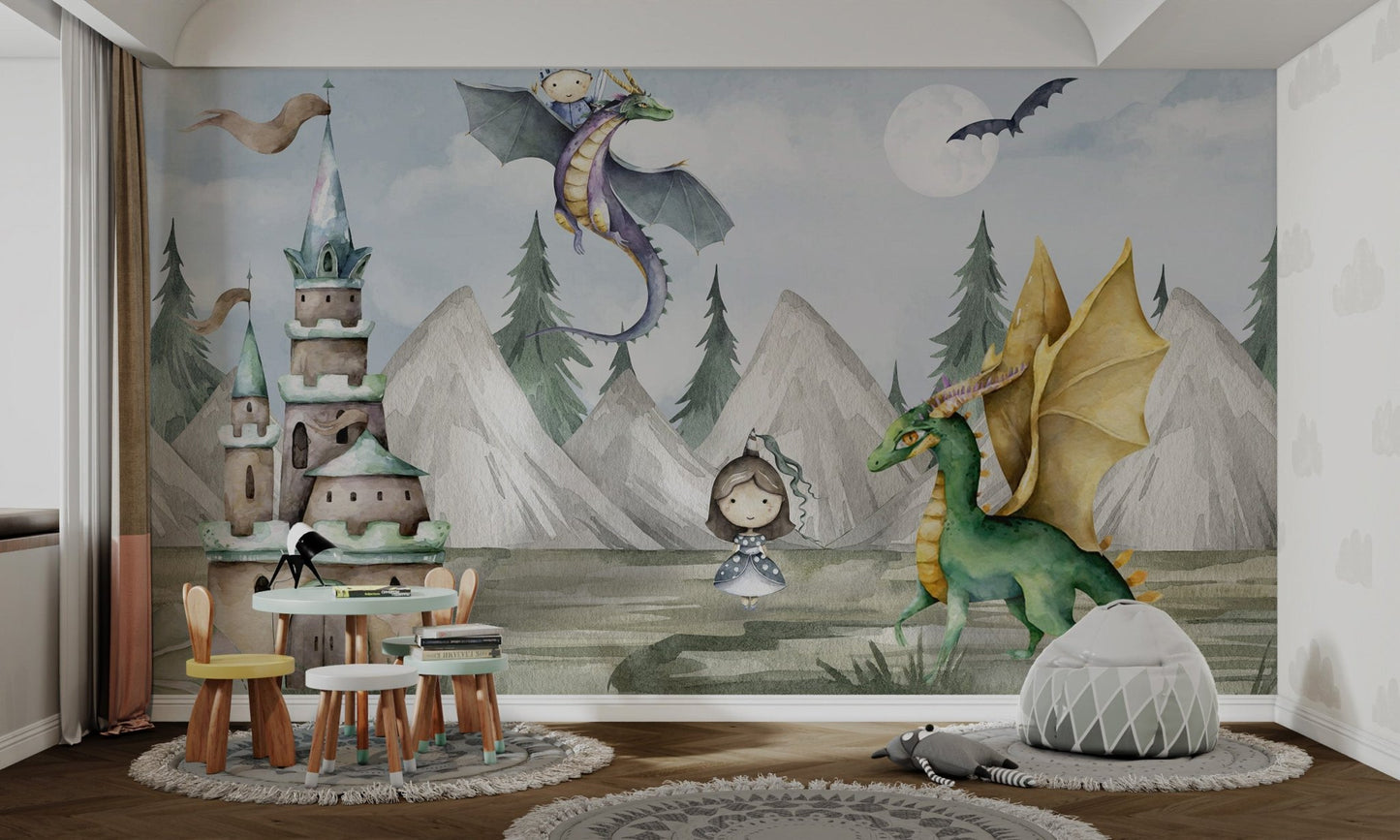 Fantasy kingdom mural with magical castle towers for kids study space.