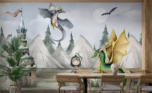 Fantasy kingdom wall mural with whimsical dragons for dining room.